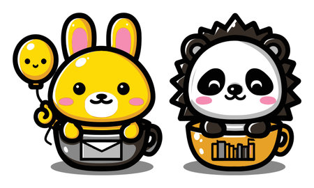 Adorable cartoon characters featuring a bunny with a balloon and a panda in a cup. Perfect for kids illustrations, playful designs, and cheerful artwork.のイラスト素材