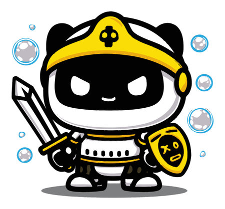 Cute cartoon panda warrior stands boldly with a sword and shield, surrounded by playful bubbles. This engaging character showcases a fun combination of bravery and charm in a colorful design.のイラスト素材