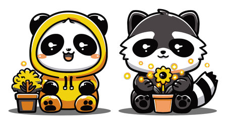 This charming cartoon features a cute panda and raccoon, both holding flowers in pots. They exude joy and playfulness, perfect for brightening any child's room.のイラスト素材