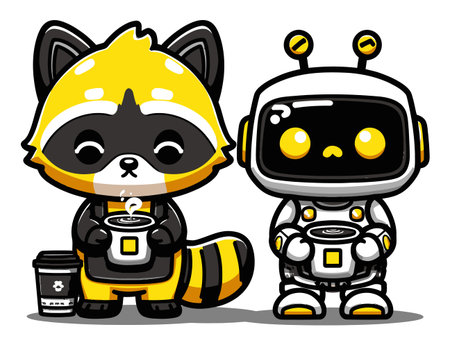 Adorable cartoon characters featuring a raccoon and a robot, both holding coffee cups in a colorful and whimsical design. Perfect for playful art projects.のイラスト素材