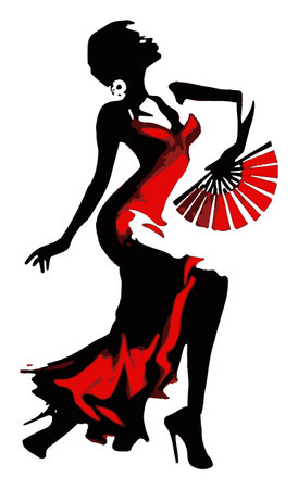 This captivating illustration showcases a graceful dancer in a vibrant red dress, elegantly posed with a fan. The dynamic silhouette embodies artistry and movement, perfect for diverse creative projects.のイラスト素材