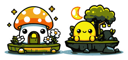 Delight in this vibrant cartoon scene featuring a charming mushroom house and a happy yellow character. Perfect for whimsical designs and playful themes.のイラスト素材