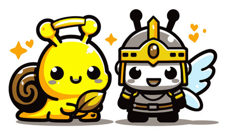Delightful illustration of a cute snail and a knight character, showcasing friendship in a vibrant, playful style. Perfect for children's media and storytelling.のイラスト素材