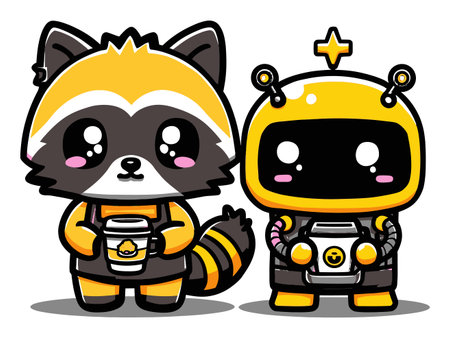 This vibrant illustration features a cute raccoon and a cheerful robot holding drinks. The playful design showcases endearing expressions and vibrant colors, perfect for children's content.のイラスト素材