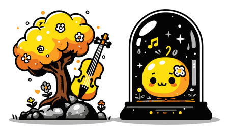 This vibrant cartoon features a cheerful tree with a violin beside a whimsical character sheltered in a glass dome, creating a playful and imaginative scene.のイラスト素材