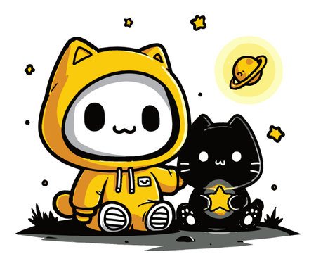 This charming illustration features two cartoon characters in colorful outfits exploring a starry sky. Perfect for themes of friendship and adventure.のイラスト素材