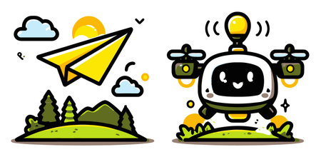 This vibrant cartoon illustration features a paper airplane and a cheerful drone flying in a sunny landscape. Enjoy the playful fusion of nature and technology!のイラスト素材