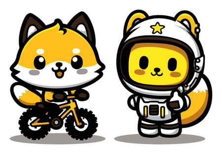 Explore a delightful cartoon featuring a cute fox on a bicycle next to a cheerful bear astronaut. Perfect for children's themes and joyful designs!のイラスト素材