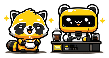 Adorable cartoon raccoon and friendly robot share a warm beverage in this delightful illustration. Perfect for conveying joy and friendship in design projects.のイラスト素材