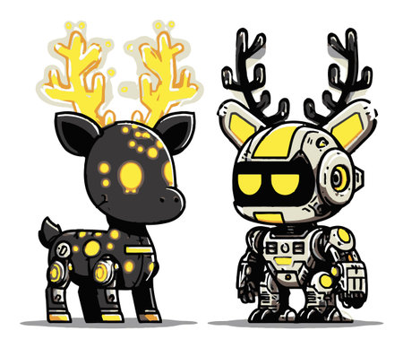 Charming cartoon characters portray a playful deer and a robot, blending nature and technology. Bright colors and whimsical designs make this illustration appealing for creative projects.のイラスト素材
