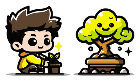 A charming cartoon illustration featuring a cheerful boy nurturing a small plant, which transforms into a happy tree. The scene captures joy and innocence in gardening.のイラスト素材