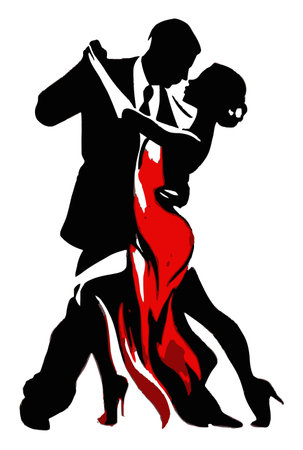 Captivating silhouette of a couple dancing, featuring a striking red dress, portraying elegance and passion in a romantic embrace. Ideal for art and dance themes.のイラスト素材