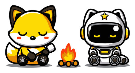 Adorable cartoon fox and astronaut characters sit together by a campfire, creating a warm and cozy atmosphere perfect for storytelling and adventure.のイラスト素材