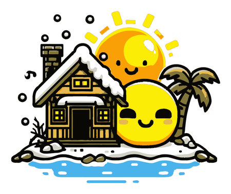 Delight in this cheerful cartoon scene featuring a cozy house, sunny skies, and a palm tree. Perfect for evoking warmth and joy in winter themes.のイラスト素材