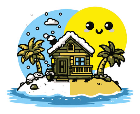 This vibrant cartoon illustration features a charming island house surrounded by snow, palm trees, and a smiling sun. Perfect for warm and playful scenes.のイラスト素材