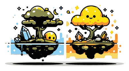 Discover delightful cartoon islands, each featuring cheerful trees, smiling faces, and vibrant crystals. Perfect for brightening up any project with whimsical charm!のイラスト素材