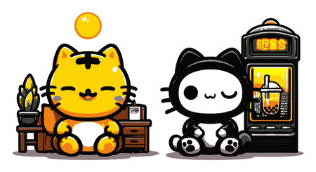 Two adorable cartoon cat characters, one yellow and one black, smile joyfully while enjoying snacks and drinks, creating a cheerful and playful atmosphere.のイラスト素材