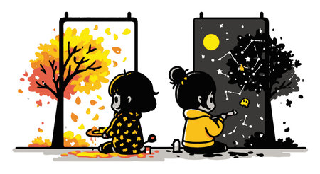 Two charming children are engaged in artistic creation, one painting autumn trees and the other exploring starry skies in this whimsical cartoon illustration.のイラスト素材