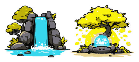 Colorful cartoon illustration features a serene waterfall and a magical fountain with lush trees, perfect for nature-themed projects or cheerful decor.のイラスト素材