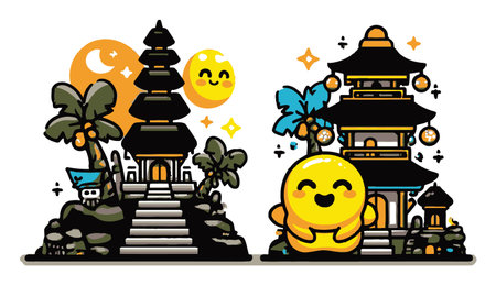 Playful cartoon landscape featuring two bright temples, a smiling sun, and a cheerful character surrounded by palm trees and stone steps.のイラスト素材
