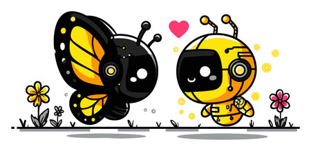 This charming illustration features a cute black butterfly and a yellow robot character sharing a moment of joy in a floral setting with a heart above, perfect for themes of love and friendship.のイラスト素材
