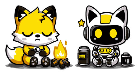 This colorful cartoon features a cute fox and a friendly robot sitting by a campfire, creating a whimsical atmosphere perfect for storytelling and adventure.のイラスト素材