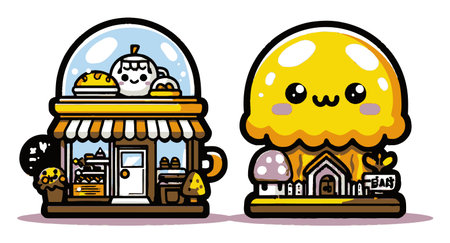 Fun and colorful cartoon illustration of a bakery store and jelly character, showcasing a whimsical and joyful design perfect for children's products or decor.のイラスト素材