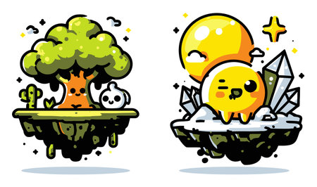 A vibrant cartoon landscape featuring a floating island with a cute tree and sun, accompanied by adorable characters. Ideal for whimsical illustrations.のイラスト素材