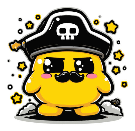 Discover this charming cartoon pirate character, featuring a yellow body, stylish hat with a skull, and a playful mustache. Perfect for various creative projects!のイラスト素材