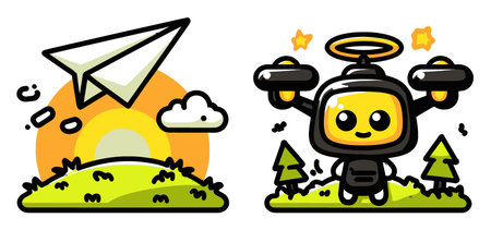 This vibrant cartoon scene features a charming drone and paper airplane against a sunny landscape, perfect for adding a cheerful and adventurous vibe to any project.のイラスト素材