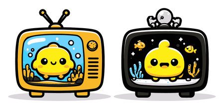 Discover a delightful illustration featuring charming cartoon characters in vintage and modern television sets, showcasing various aquatic themes.のイラスト素材