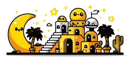 A vibrant and whimsical cartoon landscape featuring playful characters, colorful buildings, and artistic elements like stars and a crescent moon, perfect for creative projects.のイラスト素材