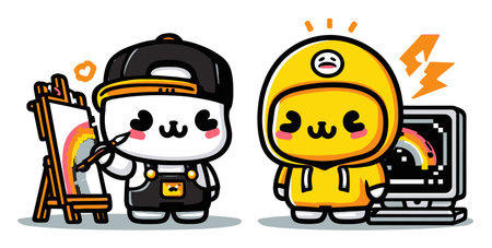 Two cute cartoon characters engage in artistic activities, showcasing creativity. One character paints a rainbow on an easel while the other stands beside a computer.のイラスト素材