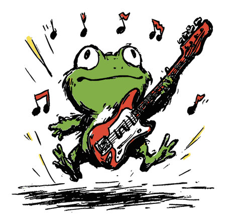 Whimsical illustration of a cartoon frog energetically playing an electric guitar. Surrounded by musical notes, this playful design captures joy and creativity. Perfect for music themes!のイラスト素材