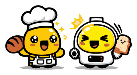 Two adorable cartoon characters, a cheerful chef with bread and an enthusiastic astronaut, embody happiness and creativity. Perfect for fun designs!のイラスト素材