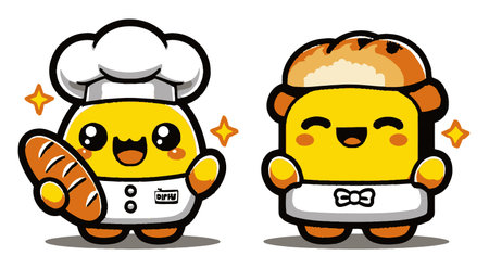 Two adorable cartoon characters, a chef with a bread and a sweet treat, bring joy and charm to any food-themed project. Perfect for children's designs!のイラスト素材