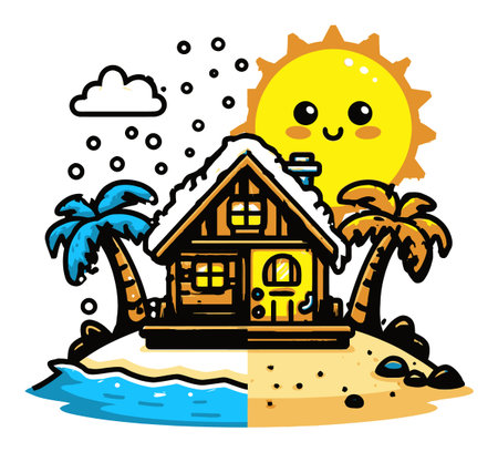 This vibrant cartoon illustration shows a charming house split by sunny and snowy seasons, surrounded by playful palm trees and a bright sun.のイラスト素材