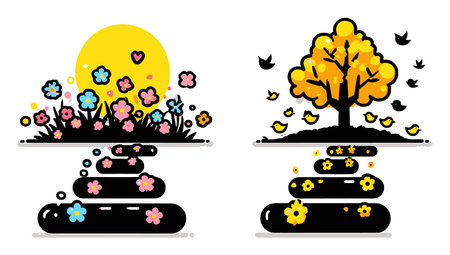 This vibrant cartoon image showcases nature elements like flowers, trees, and birds against a bright backdrop. Perfect for cheerful designs and graphics.のイラスト素材