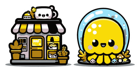 Delightful cartoon illustration featuring a charming store beside a friendly jellyfish. The vibrant colors and cute characters create a whimsical and joyful atmosphere.のイラスト素材