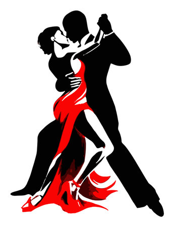 A striking illustration of a passionate couple dancing in a romantic embrace. The bold colors and flowing lines convey elegance and intimacy, perfect for artistic projects.のイラスト素材
