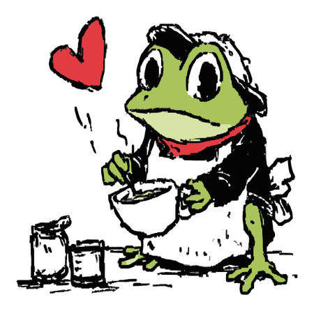 Delight in this charming illustration of a frog chef, preparing a meal with love. The whimsical character adds a playful touch to any art collection, celebrating culinary joy.のイラスト素材