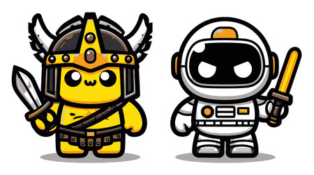 This illustration features two adorable cartoon characters: a cheerful Viking warrior and a playful space explorer, ready for adventure!のイラスト素材