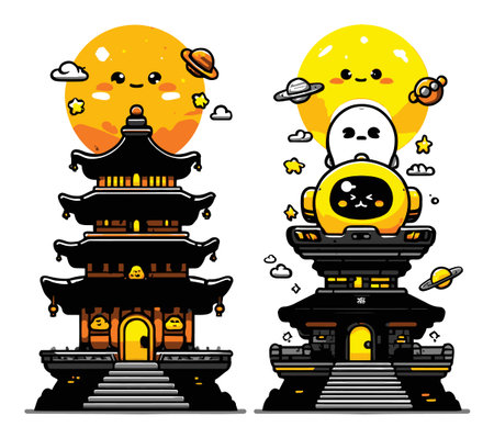 This vibrant cartoon illustration features a whimsical temple and cheerful sun characters, filled with playful elements and bright colors, perfect for a joyful atmosphere.のイラスト素材