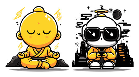 Two adorable cartoon characters embodying peace and relaxation, one meditating in orange robes and another in sunglasses, set against a modern city backdrop.のイラスト素材