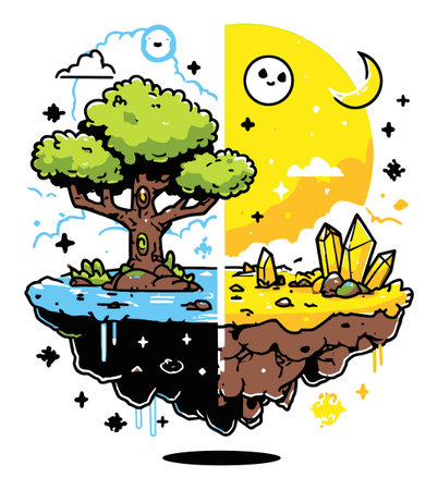 A whimsical cartoon illustration featuring a split landscape with a tree on one side and sparkling crystals under the sun on the other. Celebrate nature's beauty!のイラスト素材