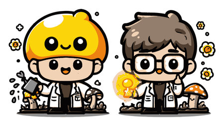 Two adorable cartoon scientists stand among mushrooms and flowers, showcasing creativity and discovery in a vibrant setting. Perfect for fun projects!のイラスト素材