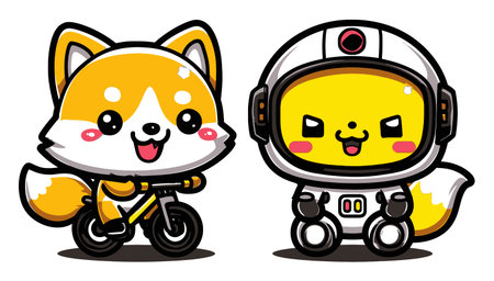 This delightful illustration features a cute fox riding a bike alongside a cheerful astronaut. The vibrant colors and joyful expressions embody fun and adventure, perfect for childrens themes.のイラスト素材