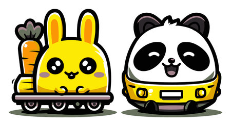 Adorable cartoon bunny and panda characters feature a playful design with a carrot on a train. Ideal for children's projects, illustrations, or playful themes.のイラスト素材