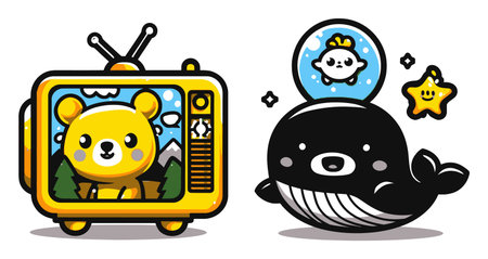 This vibrant cartoon illustration showcases a cute bear inside a retro television and a playful whale, embodying joy and imagination through whimsical design.のイラスト素材