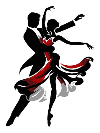 This artistic illustration captures the dynamic movement of a couple dancing, showcasing elegance and passion. The striking red and black colors enhance the visual impact.のイラスト素材